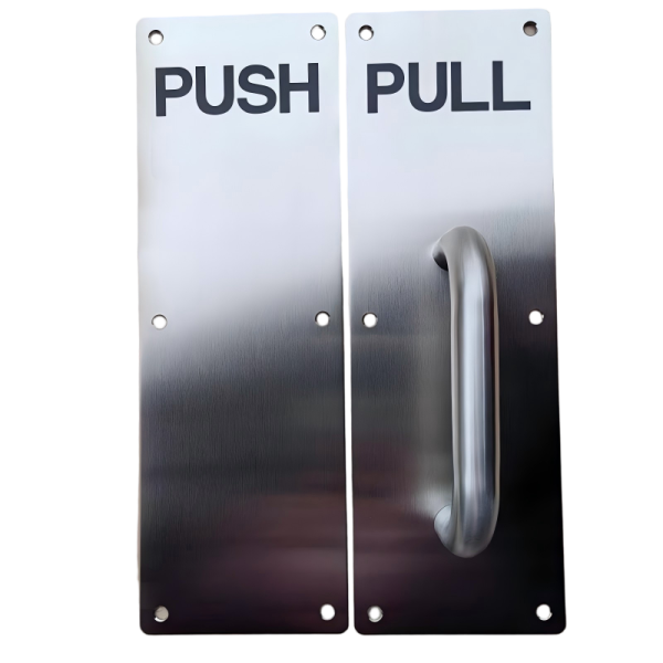 Stainless steel push pull door handle set with PUSH and PULL plates