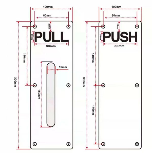 Technical drawing of stainless steel push pull door handle set with 300 × 100 mm plates