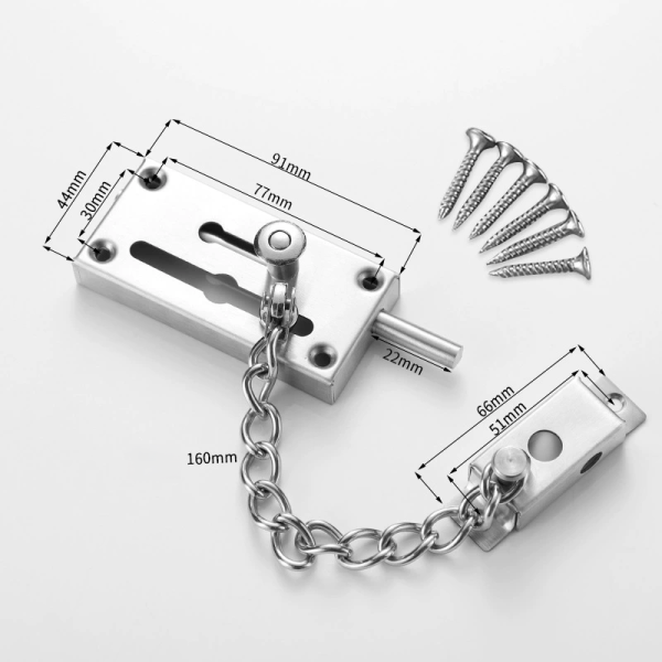 Stainless steel door security chain with 160 mm chain and fixing screws