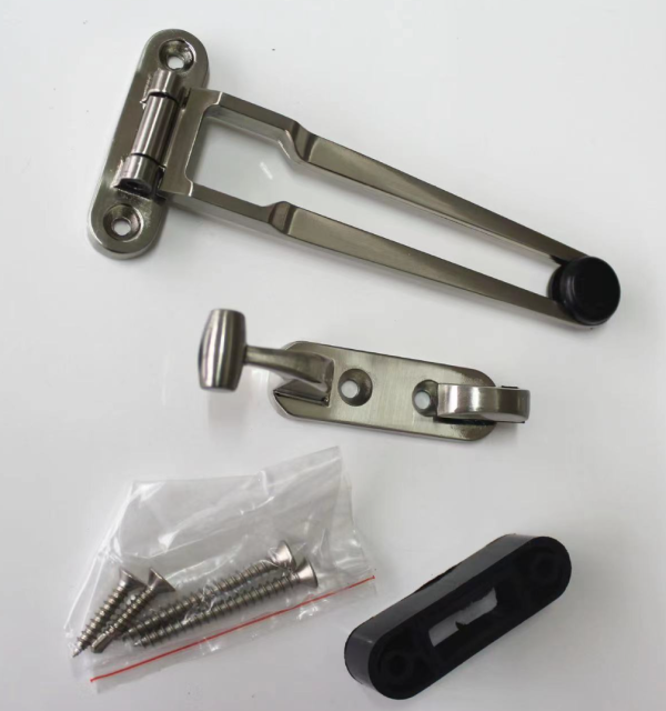 Zinc alloy door guard with hinged security arm and mounting bracket