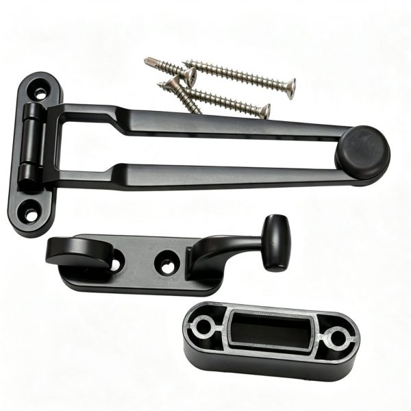 Zinc alloy door guard with hinged security arm and mounting bracket
